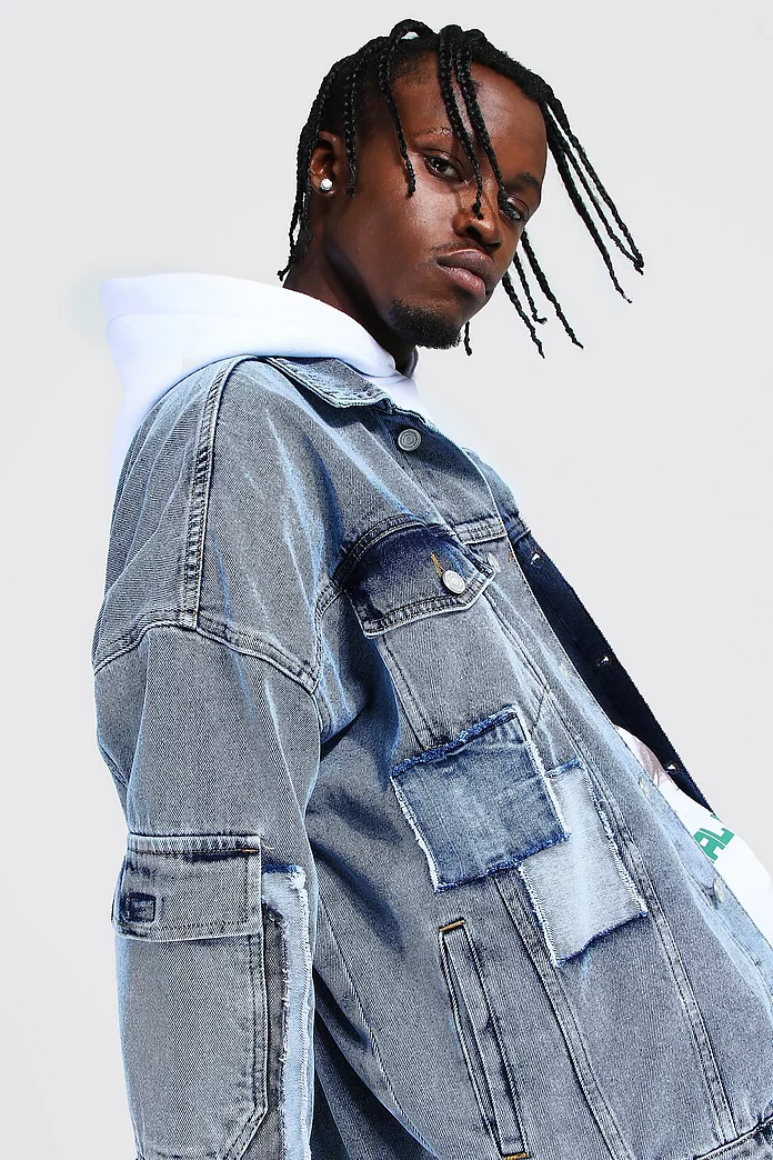 Oversized Patchwork Cargo Denim Jacket | boohooMAN UK Oversized Patchwork Cargo Denim Jacket | boohooMAN UK